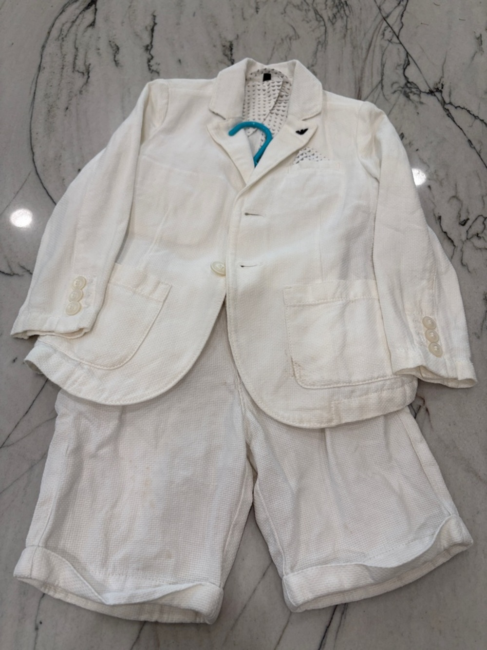 Armani Junior White Seersucker Blazer and Shorts Set